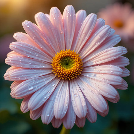 Pink gerbera flower with dew drops on petals.の素材