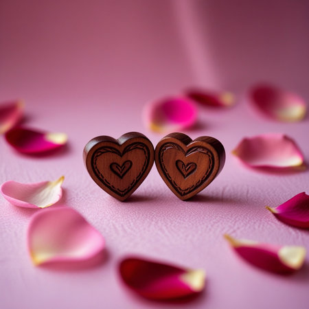 Two wooden hearts on a pink background with petals of roses.の素材