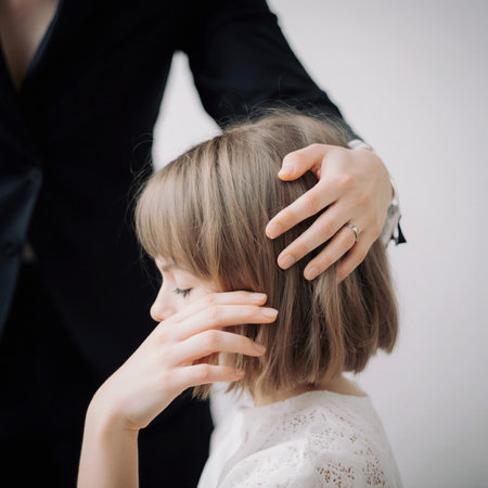 beautiful little girl with long hair in the hands of a hairdresserの素材