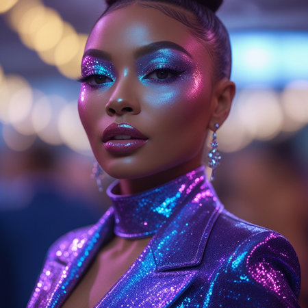 Fashionable young woman with bright make-up posing in a night club.の素材