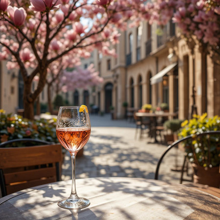 Glass of rose wine on a table in a street cafe in Franceの素材