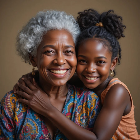 Portrait of happy African American mother and daughter smiling at camera on brown backgroundの素材