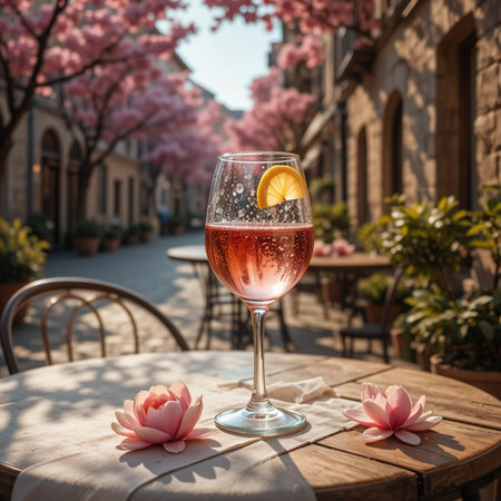 Glass of rose wine with a slice of lemon and pink flowers on a wooden table.の素材