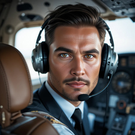 Portrait of a handsome young pilot wearing headphones while sitting in airplane cockpit.の素材