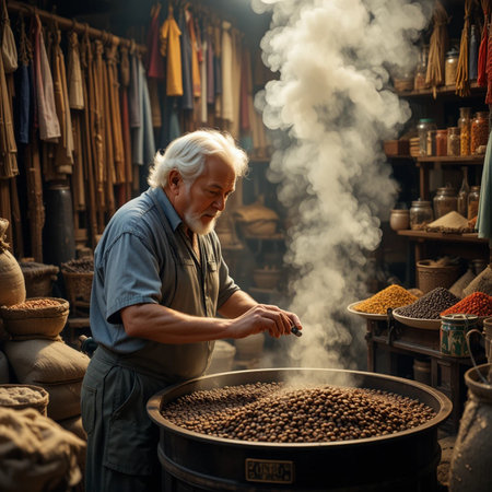 Portrait of an elderly man selling coffee beans in a shop.の素材