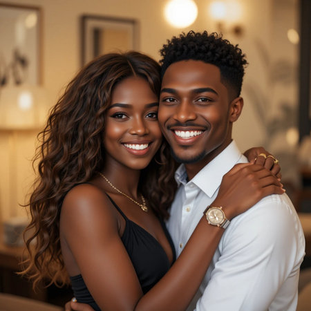Portrait of happy African American couple embracing and looking at cameraの素材