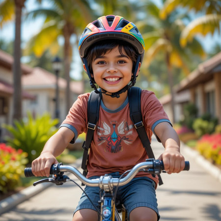 Portrait of cute little boy in helmet riding bicycle in the parkの素材