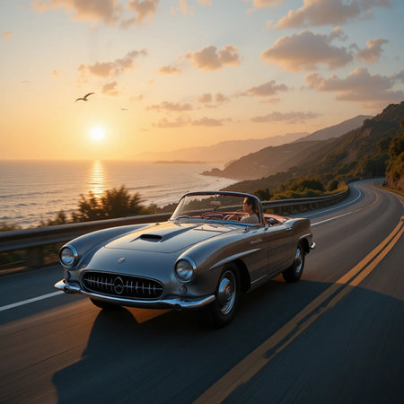 Classic car on the road at sunset. 3d rendering. Side viewの素材