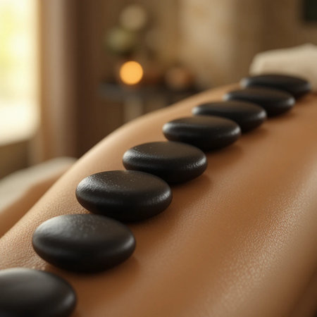 Spa stones on massage table in beauty salon, closeup viewの素材