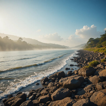 Tropical beach at sunrise. Nature composition and vibrant colors.の素材
