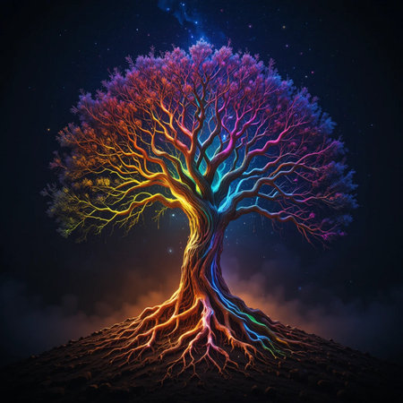 Abstract tree with multicolored rays of light on dark background.の素材