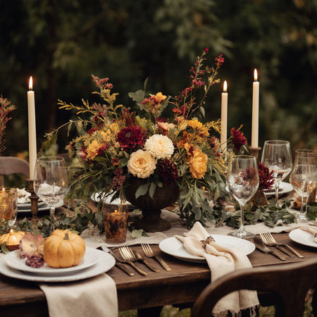 Festive table setting with flowers, candles and cutlery.の素材