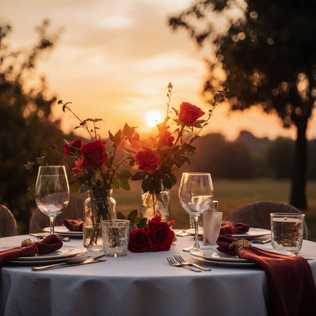 Romantic dinner setting with red roses and cutlery on table at sunsetの素材