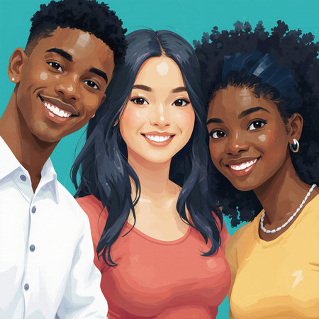 Portrait of happy multiethnic group of young people. Vector illustration.の素材