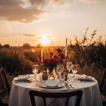 Romantic dinner in the field at sunset. Table setting with red rosesの素材