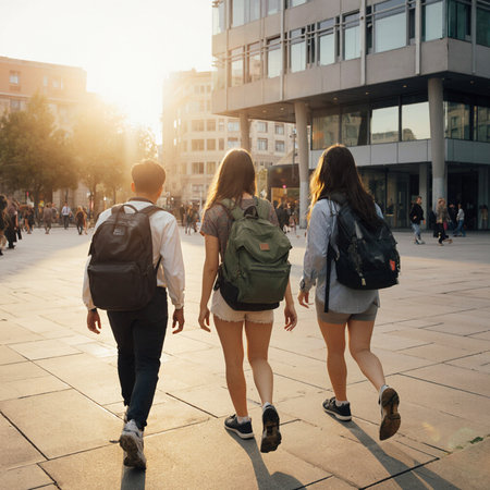 Group of students walking in the city. Back view. Education conceptの素材