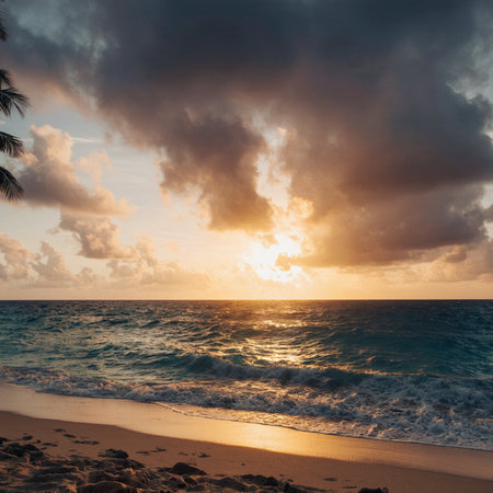 Tropical beach at sunset with palm trees, Seychellesの素材