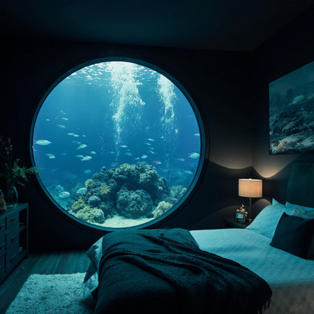 Interior of a hotel room with a view of the underwater worldの素材