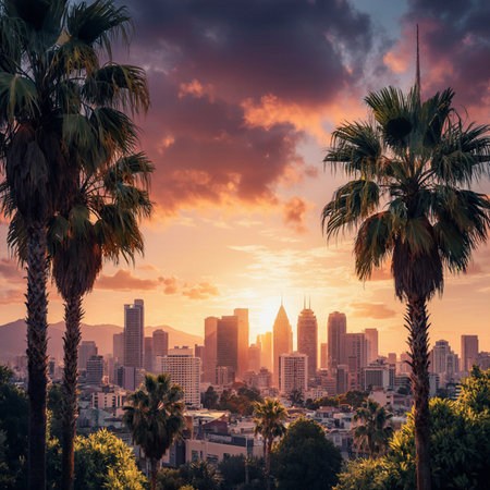 Cityscape of Los Angeles at sunset, California, United States.の素材