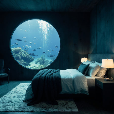 Interior of modern bedroom with wooden walls, concrete floor, comfortable king size bed with blue bedding, round mirror and underwater world. 3d renderingの素材