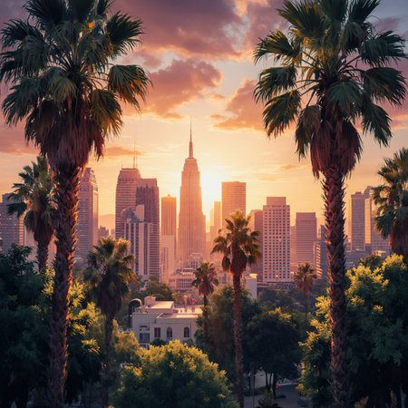 Los Angeles skyline at sunset, California, United States of America.の素材
