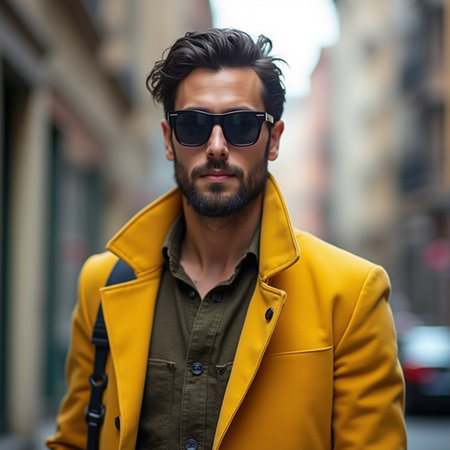 Portrait of a young handsome man in yellow coat and sunglasses in the city.の素材