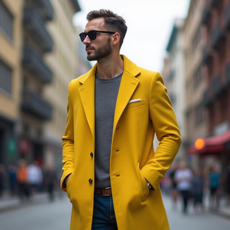 Handsome young man in yellow coat and sunglasses walking on the streetの素材