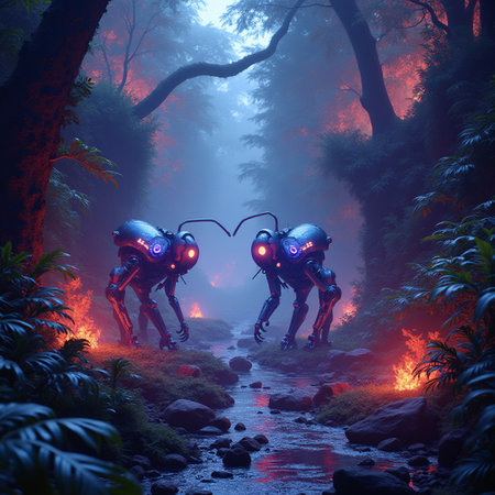 3d render of two robots in the forest with fog and fireの素材