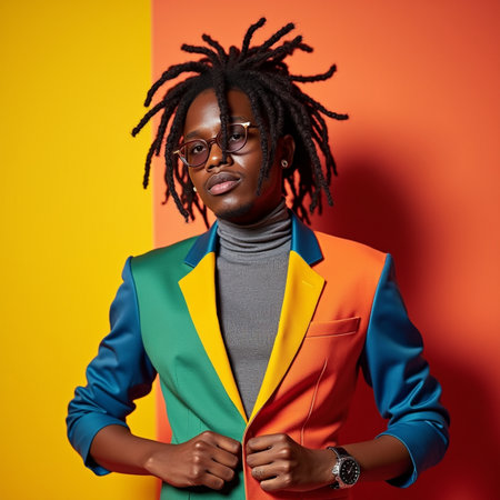 Fashionable african american woman with dreadlocks hairstyle posing on colorful background.の素材