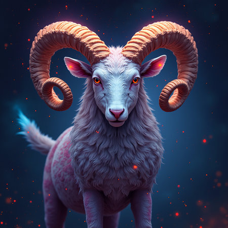 3D rendering of a ram with horns on a dark background.の素材