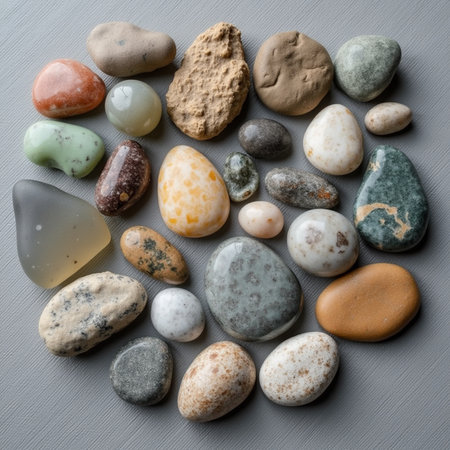 Colorful stones on a gray background, top view, close-upの素材