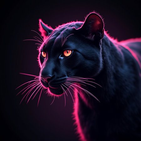 Portrait of a black cat with red eyes on a black background.の素材