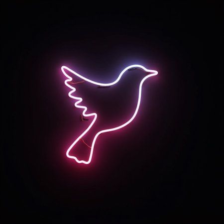 Glowing neon bird symbol on dark background. 3D Renderingの素材