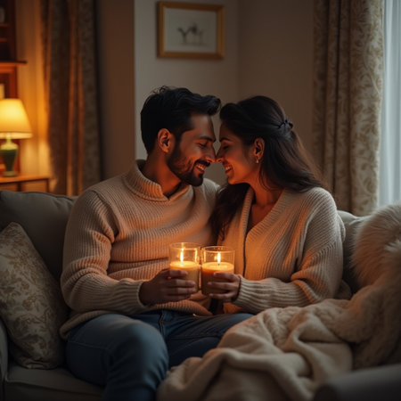 Romantic evening. Beautiful young couple in sweaters holding candles and smiling while sitting on sofa at homeの素材