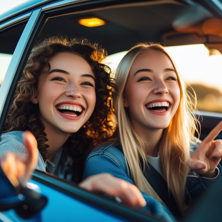 happy young women in car smiling and looking at camera during road tripの素材