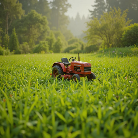 Tractor on the meadow in the morning. Gardening conceptの素材