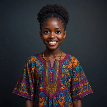 Beautiful young African woman with afro hairstyle on black backgroundの素材
