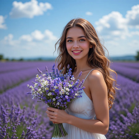 Beautiful young woman with bouquet of lavender flowers on lavender fieldの素材