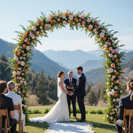 Wedding ceremony in the mountains. Bride and groom on their wedding dayの素材