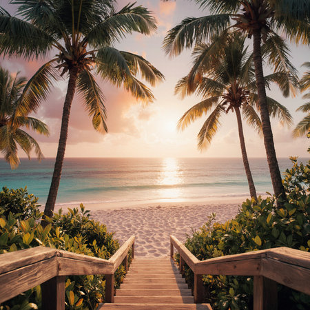 Wooden stairs leading to the beach with coconut palm trees at sunsetの素材