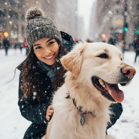 Beautiful young woman with her dog in the city at winter time.の素材