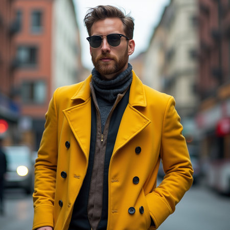 Handsome young man in yellow coat and sunglasses in the cityの素材