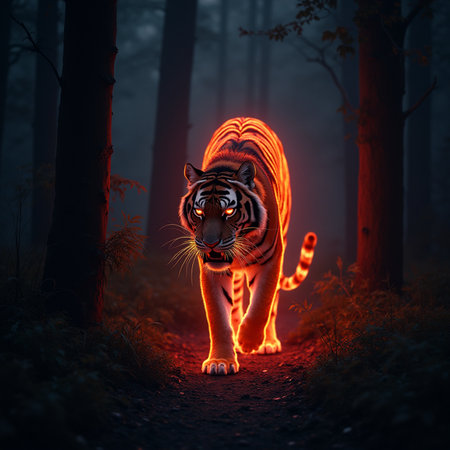 Mysterious tiger in the forest at night. 3D renderingの素材