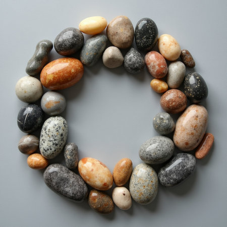 Colorful zen stones on gray background, top view. Zen conceptの素材