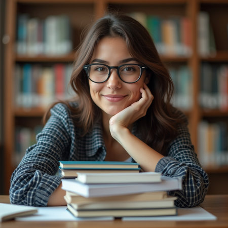 Portrait of a beautiful young woman sitting at a table in a libraryの素材