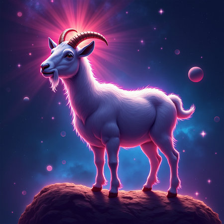 White goat standing on a rock in the space. 3D renderingの素材