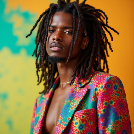 Fashionable african american young man with dreadlocks hairstyle posing against yellow background.の素材