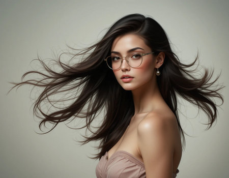 portrait of a beautiful girl with long hair and glasses on a gray backgroundの素材
