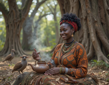 Beautiful young African woman in traditional clothes sitting on a tree and drinking teaの素材