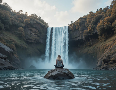 Woman meditating on a rock in front of a waterfall in New Zealandの素材